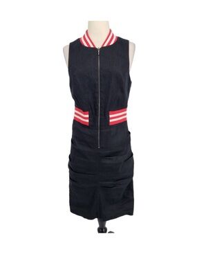 Nicole Miller Dark Blue Sleeveless Zip-Front Tennis Prep Dress with red Striping